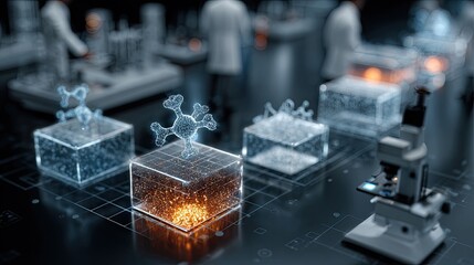 Innovative scientists explore molecular structures and data visualization in a futuristic high-tech laboratory setting, driving scientific discovery and advanced research.