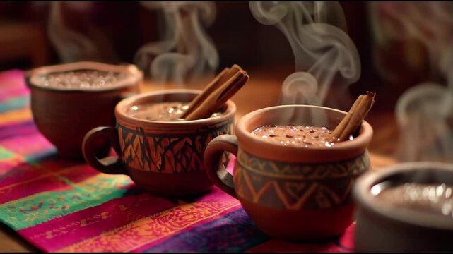 Clay cups filled with steaming atole and hot chocolate decorated with cinnamon sticks on a vibrant textile for D&iacute;a de Muertos celebration