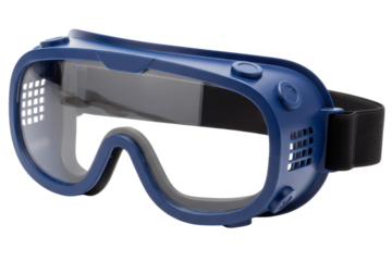 Blue plastic safety goggles for construction or lab work isolated on a transparent background