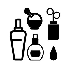 A set of five different perfume bottles, in black color