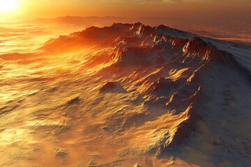 Dramatic golden light bathes rugged mountains. Stark shadows define a vast, barren, alien landscape. A powerful, desolate beauty.