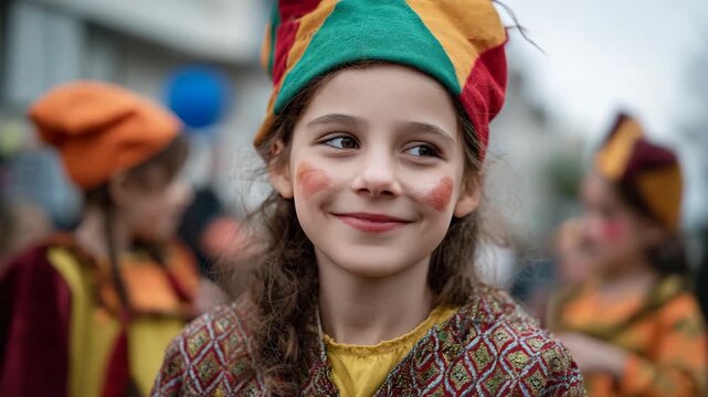 A cheerful girl wearing vibrant carnival attire flashes a smile, capturing the essence of joy, innocence, and the festive spirit of celebratory events in playful traditions.
