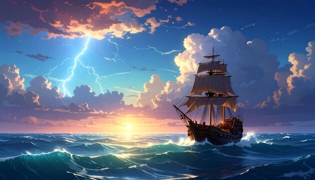 A majestic tall ship sails on a stormy sea at sunset. Lightning flashes behind the vessel. Dramatic clouds fill the sky