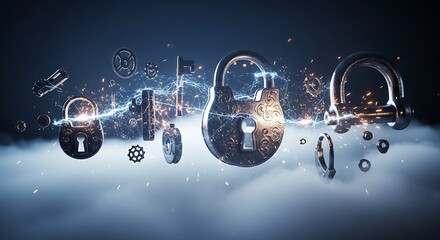 Padlock floating in cloud, security and data protection concept background