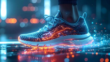 Next-Gen Running Shoe with Holographic Fitness Tracking in a High-Tech Setting