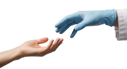 Doctor's gloved hand reaches for a bare hand, symbolizing care and connection. Isolated on transparent background, png