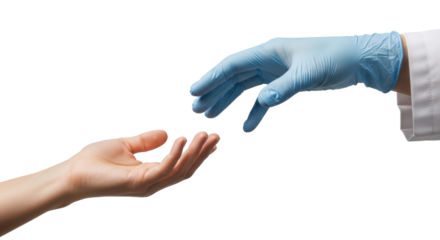 Doctor's gloved hand reaches for a bare hand, symbolizing care and connection. Isolated on transparent background, png