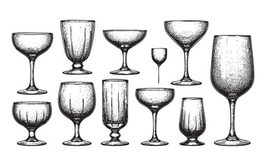 Cocktail Glasses, a Collection of Vintage Hand-Drawn Sketch Illustrations Featuring Various Styles of Wine, Champagne, and Coupe Glassware