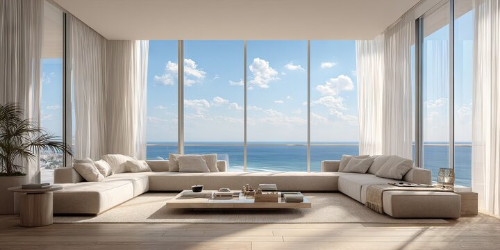 Modern living room interior design with large window overlooking ocean view
