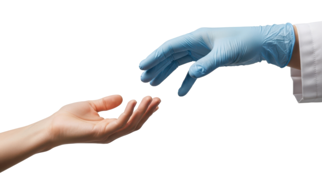 Doctor's gloved hand reaches for a bare hand, symbolizing care and connection. Isolated on transparent background, png