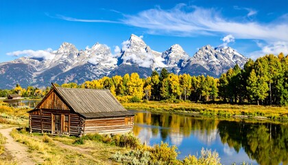 Fototapeta premium Scenic vista showcasing a weathered cabin beside a reflective river, framed by vibrant autumn foliage and majestic, snow-capped mountain peaks under a clear blue sky