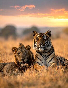 A majestic tiger and lion relax together in the golden sunlight of a savanna, basking in the warmth and companionship