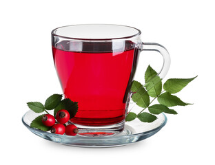Glass cup of hot rose hip tea and berries on white background