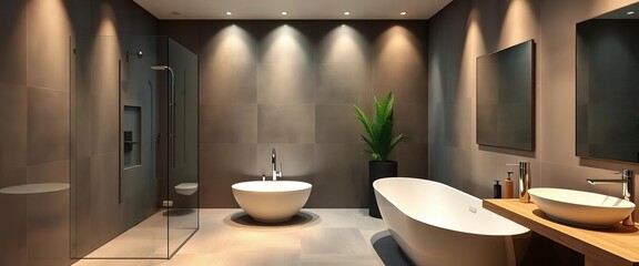 Sleek, modern bathroom with freestanding tub & rainfall shower,   hotel bathroom,  high-end