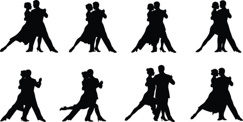 Silhouette of couples dancing tango, romantic ballroom poses, elegant movement, love expression, artistic dance performance, rhythm and passion concept illustration