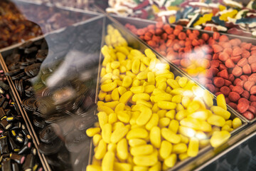 Assorted colorful delicious candy sweets in bulk display