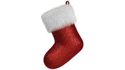 Sparkling red christmas stocking with white faux fur trim hanging isolated on transparent background