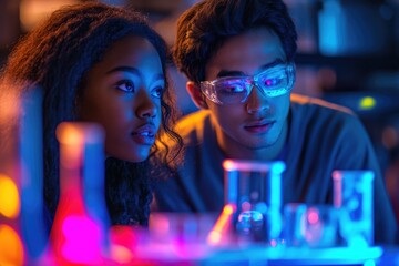 Two focused scientists, illuminated by vibrant neon lab equipment, meticulously observe an experiment, embodying modern scientific inquiry and discovery.