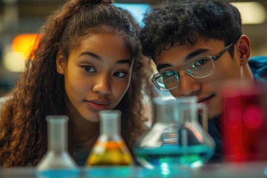 Two diverse young students intently observe colorful chemical reactions in laboratory beakers, engaged in a hands-on science experiment or study.