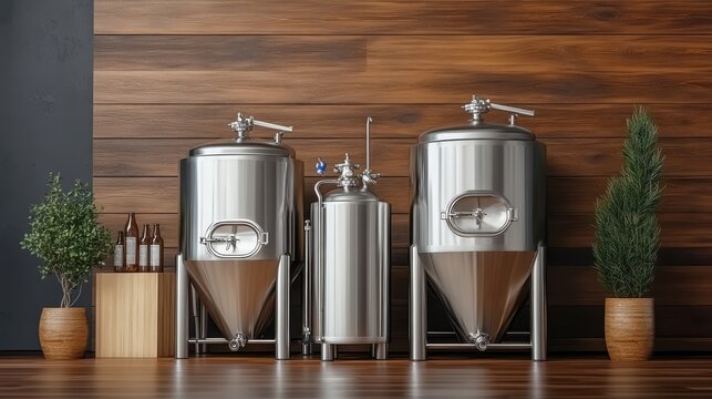 Brewery Interior with Stainless Steel Fermentation Tanks and Wooden Walls. Industrial Design for Beer Production. Modern Brewing Equipment. - Powered by Adobe