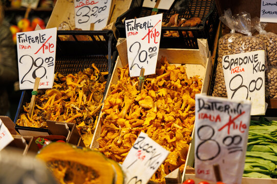 Chanterelle mushrooms on market stall