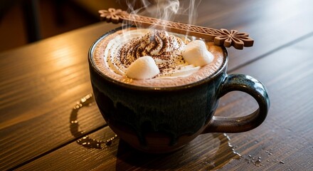 A mug of hot chocolate with marshmallows and a decorative spoon on a wooden table.