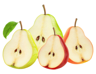 studio photograph of four halved fresh pears, including red, green, and yellow varieties, displaying internal cross section, seeds, and juicy texture.