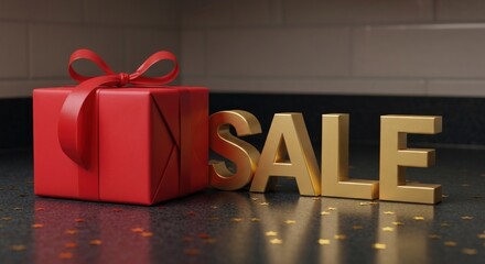 Red gift box with red bow beside "SALE" letters