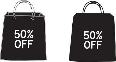 Shopping bag with discount tag showing fifty percent off sale. Vector black icon.Shopping bag with fifty percent discount isolated on transparent background.
