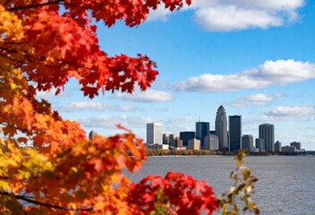 Obraz premium A city skyline viewed through vibrant red and orange autumn leaves, showcasing the beautiful fall foliage in the foreground. 