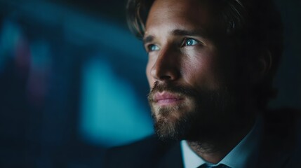Focused businessman looking at a digital data dashboard in a dimly lit modern office environment