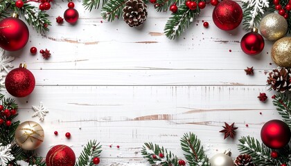 Christmas border. Wooden christmas frame with festive decorations and ornaments - baubles, tree branches and holly berries.