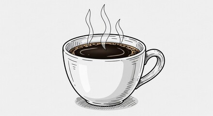 Illustration of a white coffee cup filled with dark coffee and steam rising from it.