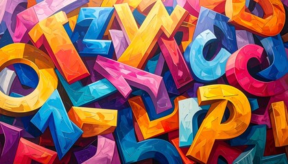 A vibrant and abstract image composed of colorful, overlapping letters in a variety of fonts and hues, creating a visual puzzle