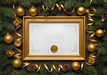 Christmas Certificate Frame Mockup with Blank Achievement Space and Gold Ornaments
