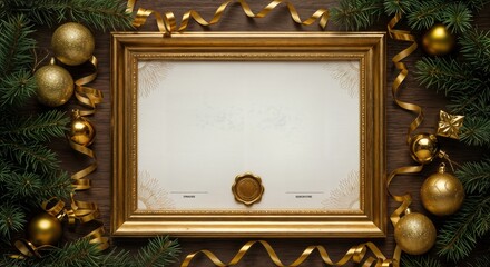Christmas Certificate Frame Mockup with Blank Achievement Space and Gold Ornaments