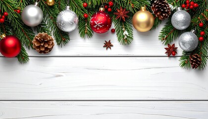 Christmas border. Wooden christmas frame with festive decorations and ornaments - baubles, tree branches and holly berries.