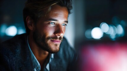 A young man gazes intently at a glowing computer screen in a dimly lit room with blurred city lights in the background