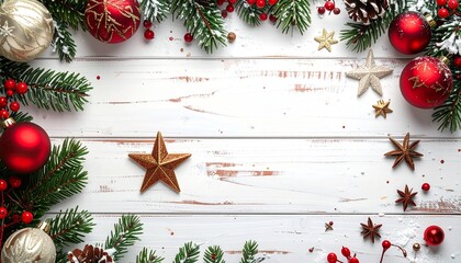 Christmas border. Wooden christmas frame with festive decorations and ornaments - baubles, tree branches and holly berries.