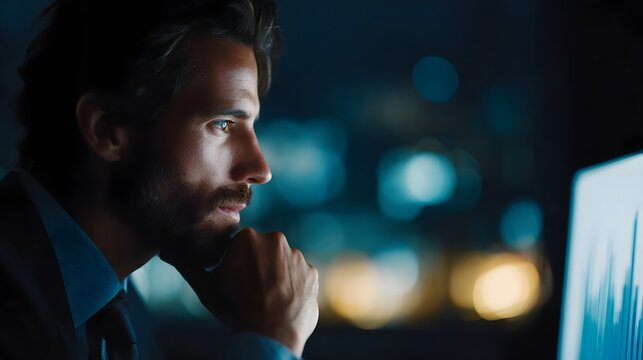 A businessman thoughtfully analyzes data on a computer screen in a dimly lit modern office at night with blurred city lights in the background - Powered by Adobe