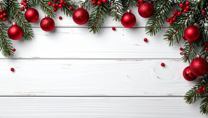 Christmas border. Wooden christmas frame with festive decorations and ornaments - baubles, tree branches and holly berries.