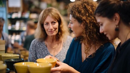 Three women engage in an insightful conversation while examining vibrant pottery in a charming marketplace, showcasing community interaction and appreciation for craftsmanship.