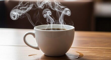 Hot coffee in a white ceramic mug on a cafe table, perfect for a morning drink or breakfast