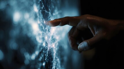 A hand touching a complex digital network of glowing particles and lines