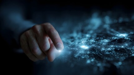 Close up of a human finger touching a glowing digital network