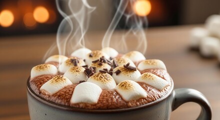 Hot chocolate with toasted marshmallows and chocolate sprinkles.