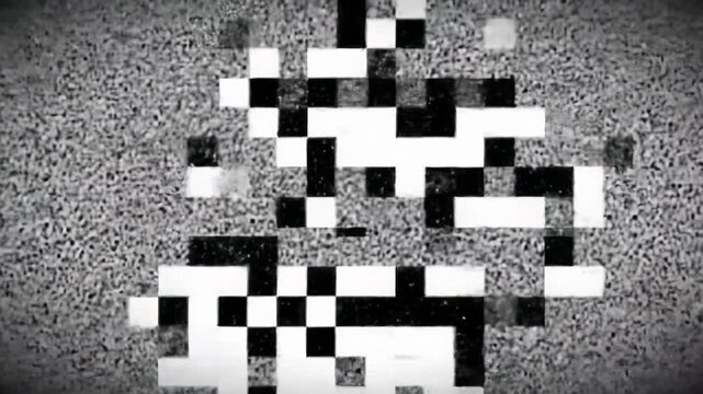 Mesmerizing black and white digital static morphs into blocky pixels, resembling severe signal loss on screen, emphasizing digital entropy concept