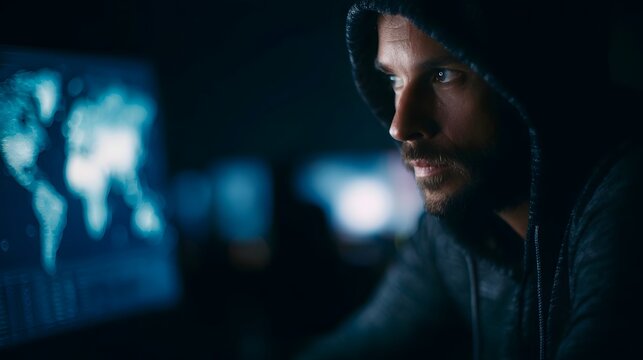 Man in hoodie focused on glowing world map display on computer screen in dark room