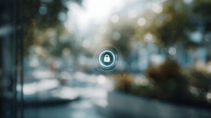 Digital lock icon signifies secure smart home connection set against a blurred sunlit outdoor background with bokeh