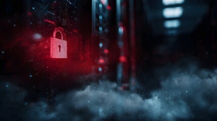 Glowing red digital padlock overlay on a server rack symbolizing cybersecurity and data protection